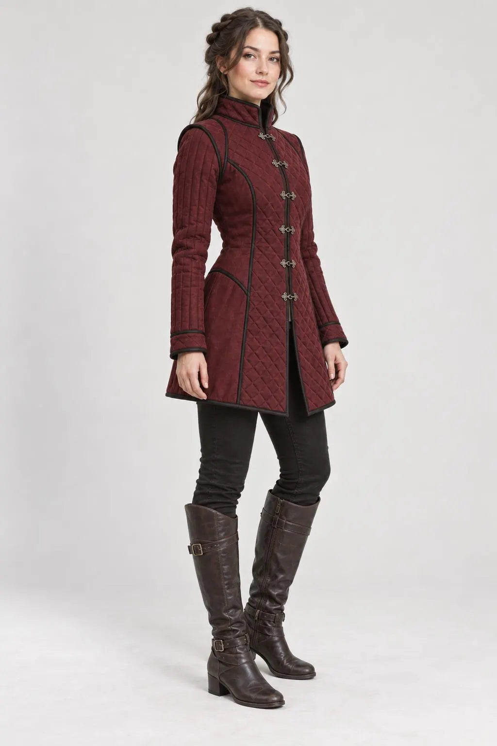 Women’s Medieval Gambeson Coat, Burgundy Quilted LARP Jacket, Renaissance Armor, Reenactment Costume