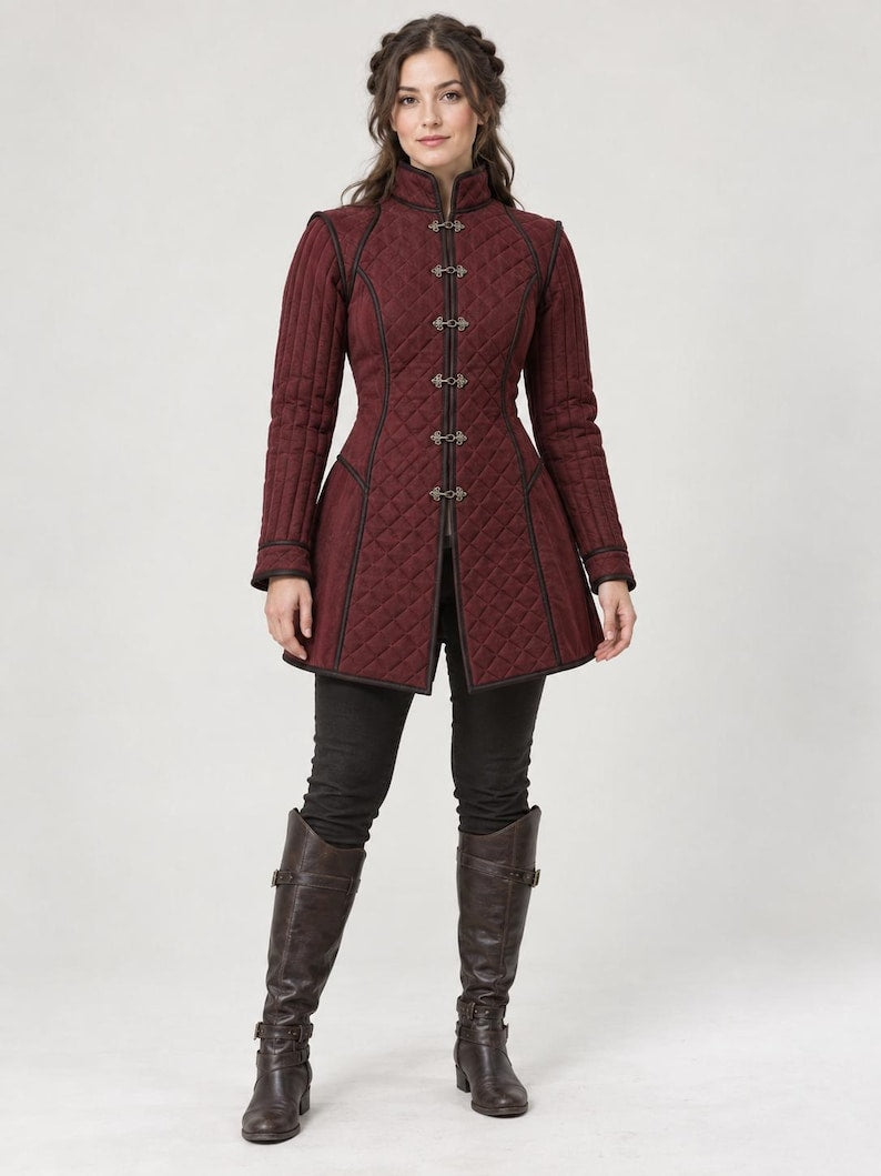 Women’s Medieval Gambeson Coat, Burgundy Quilted LARP Jacket, Renaissance Armor, Reenactment Costume