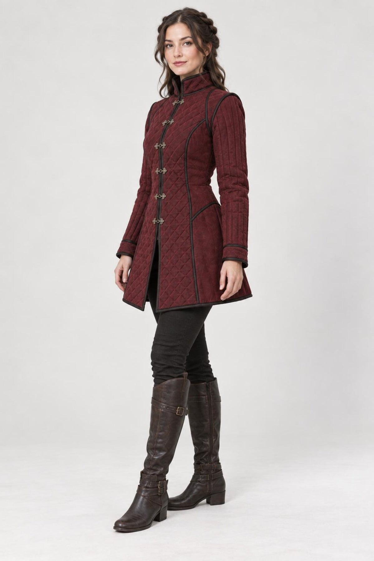 Women’s Medieval Gambeson Coat, Burgundy Quilted LARP Jacket, Renaissance Armor, Reenactment Costume