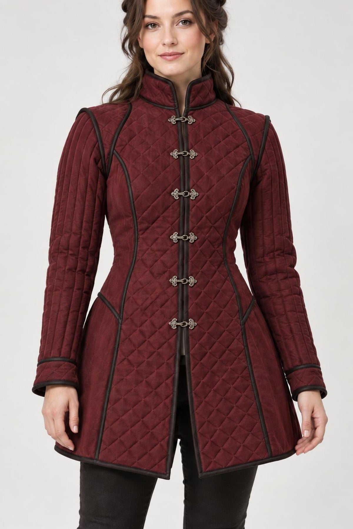 Women’s Medieval Gambeson Coat, Burgundy Quilted LARP Jacket, Renaissance Armor, Reenactment Costume