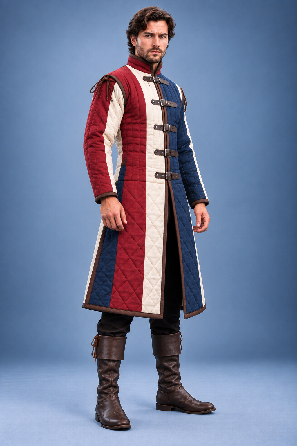 Men's Medieval Gambeson, Red Blue Quilted Armor Coat, LARP Costume, Renaissance Faire Jacket