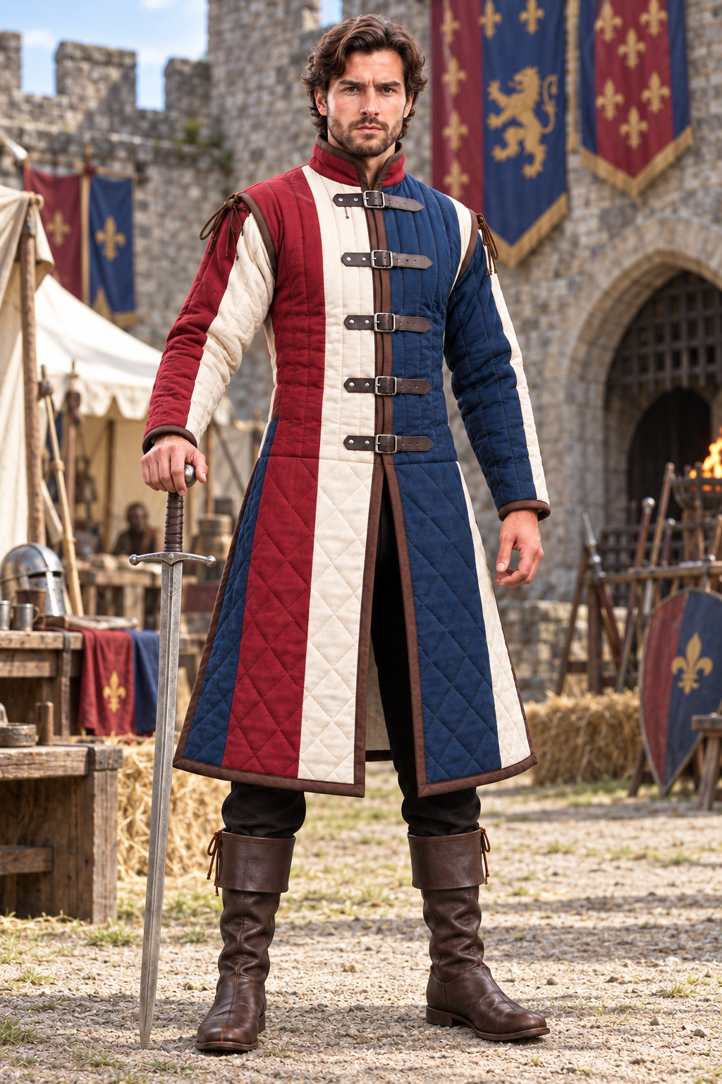 Men's Medieval Gambeson, Red Blue Quilted Armor Coat, LARP Costume, Renaissance Faire Jacket