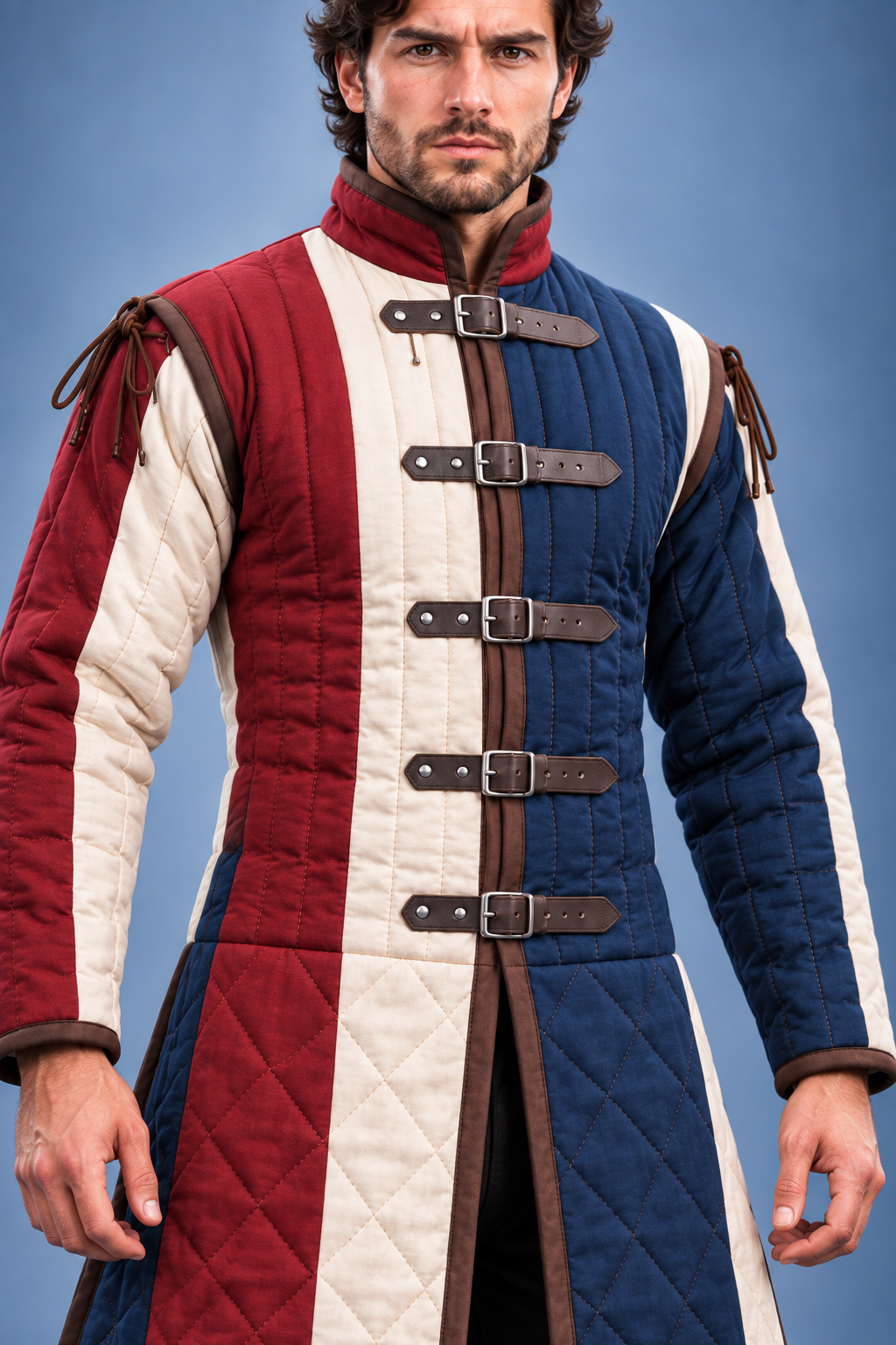Men's Medieval Gambeson, Red Blue Quilted Armor Coat, LARP Costume, Renaissance Faire Jacket