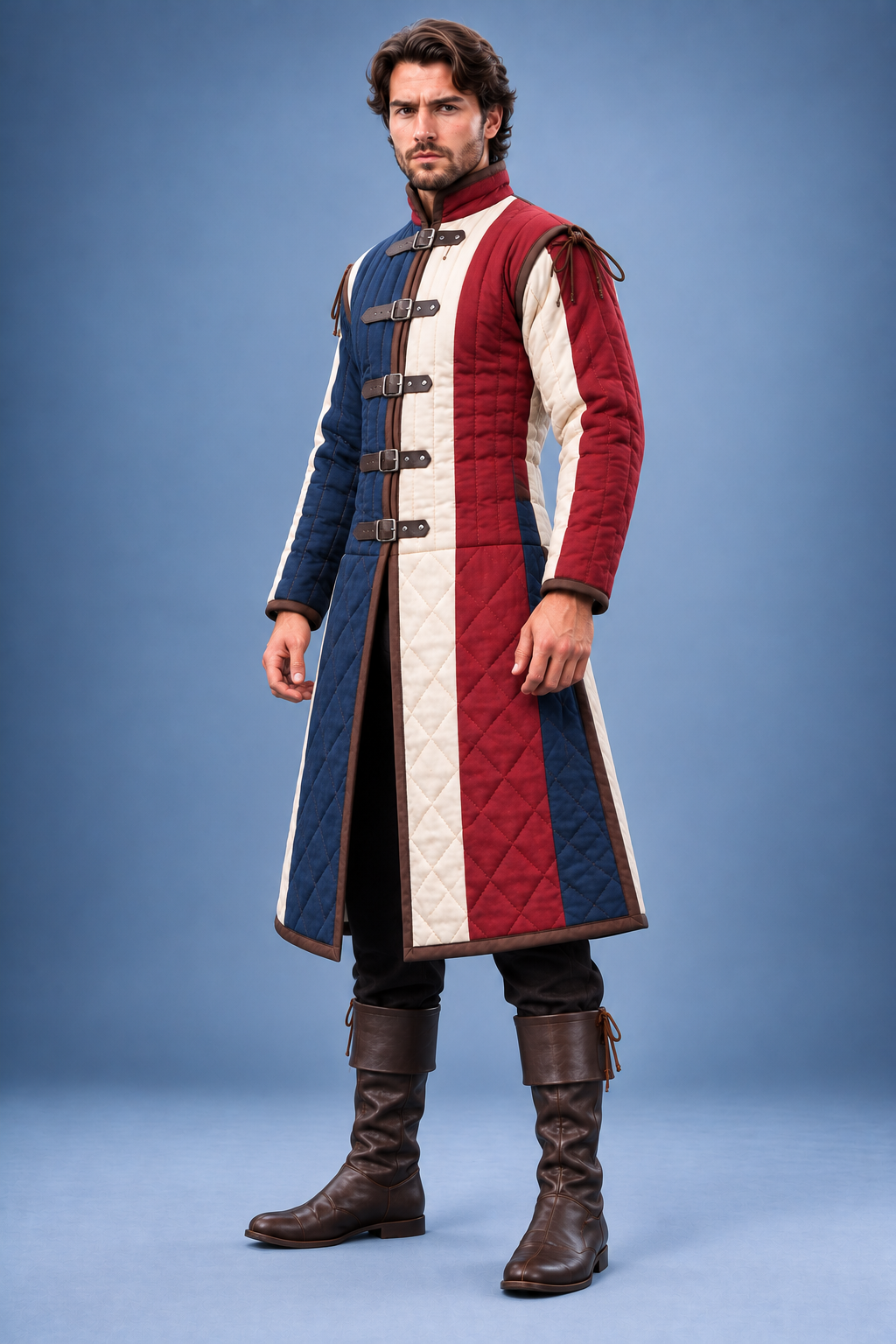 Men's Medieval Gambeson, Red Blue Quilted Armor Coat, LARP Costume, Renaissance Faire Jacket