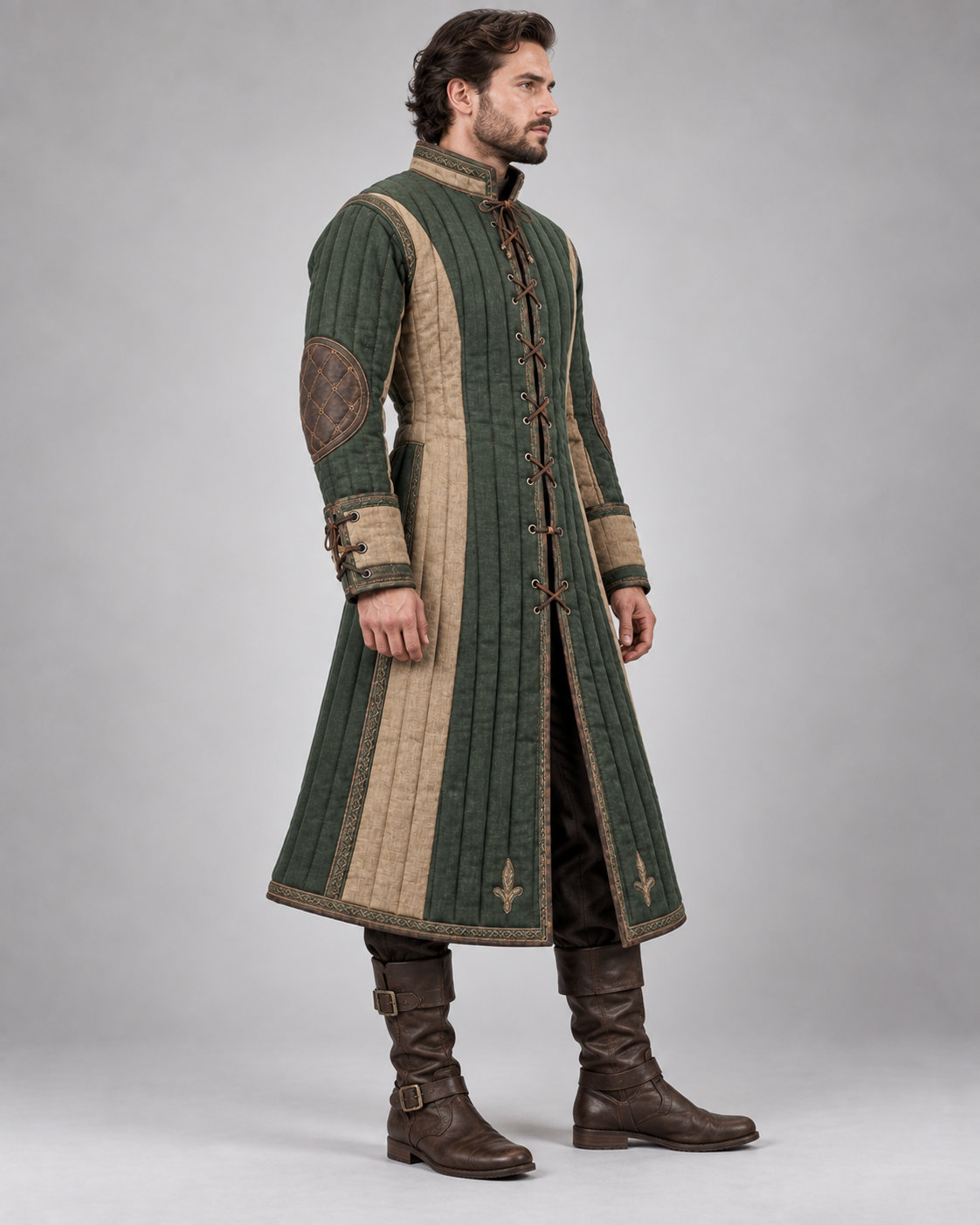 Men's Medieval Gambeson Coat, Green Quilted LARP Armor, Renaissance Reenactment Knight Costume