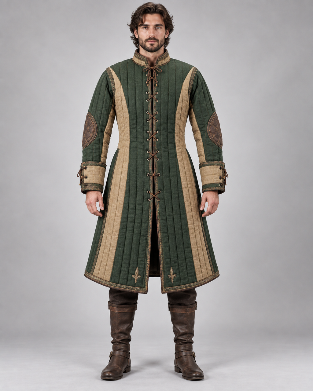 Men's Medieval Gambeson Coat, Green Quilted LARP Armor, Renaissance Reenactment Knight Costume