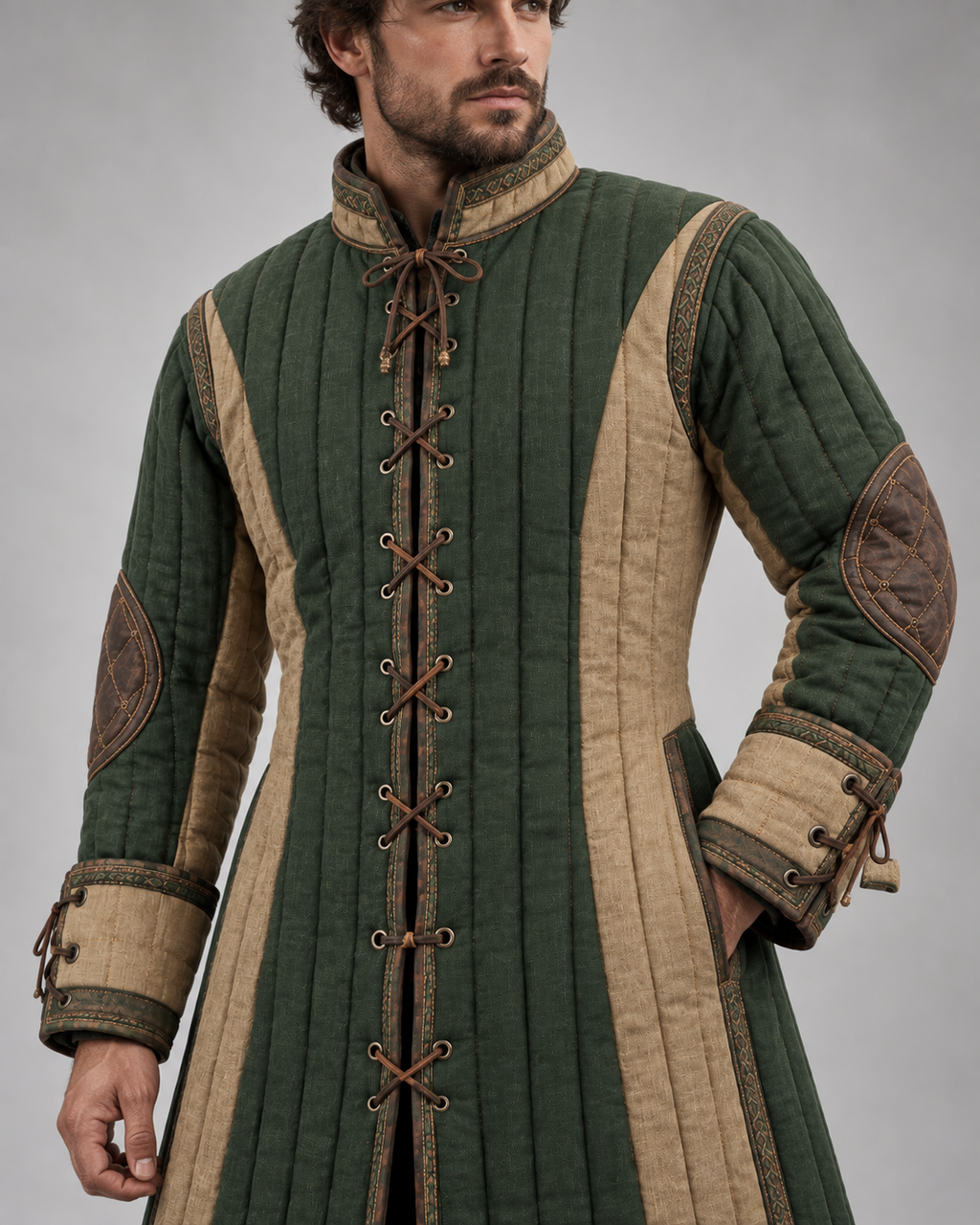 Men's Medieval Gambeson Coat, Green Quilted LARP Armor, Renaissance Reenactment Knight Costume