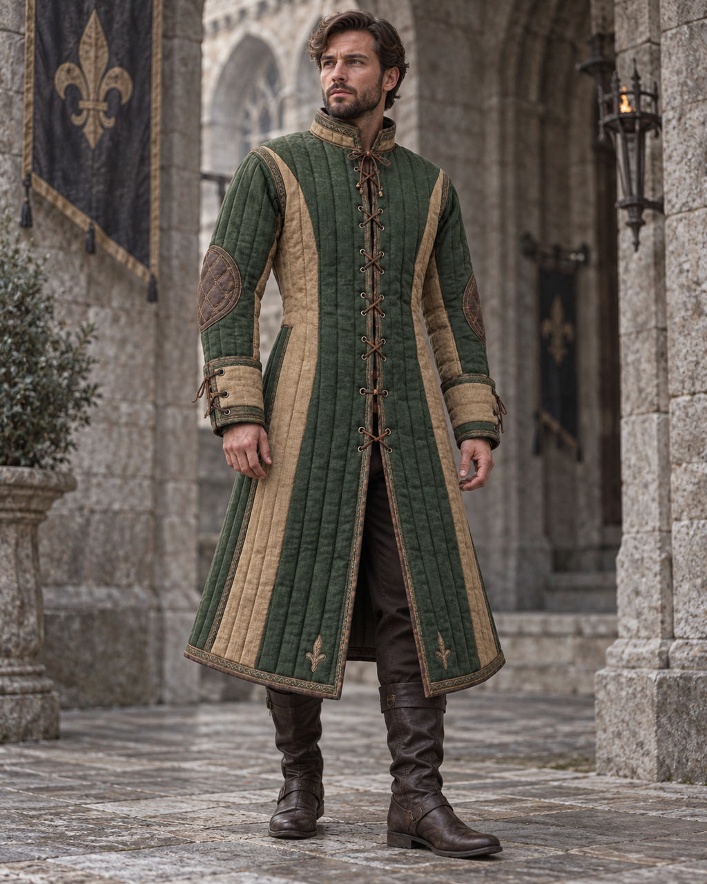 Men's Medieval Gambeson Coat, Green Quilted LARP Armor, Renaissance Reenactment Knight Costume