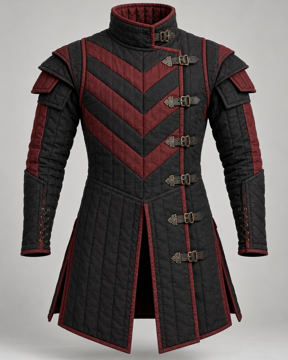 Men's Medieval Gambeson Coat, Black Red Quilted LARP Armor, Renaissance Knight Costume