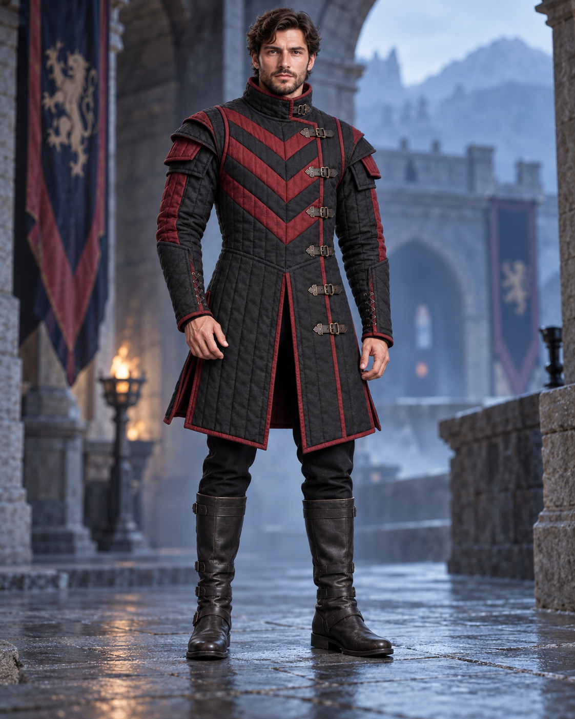Men's Medieval Gambeson Coat, Black Red Quilted LARP Armor, Renaissance Knight Costume