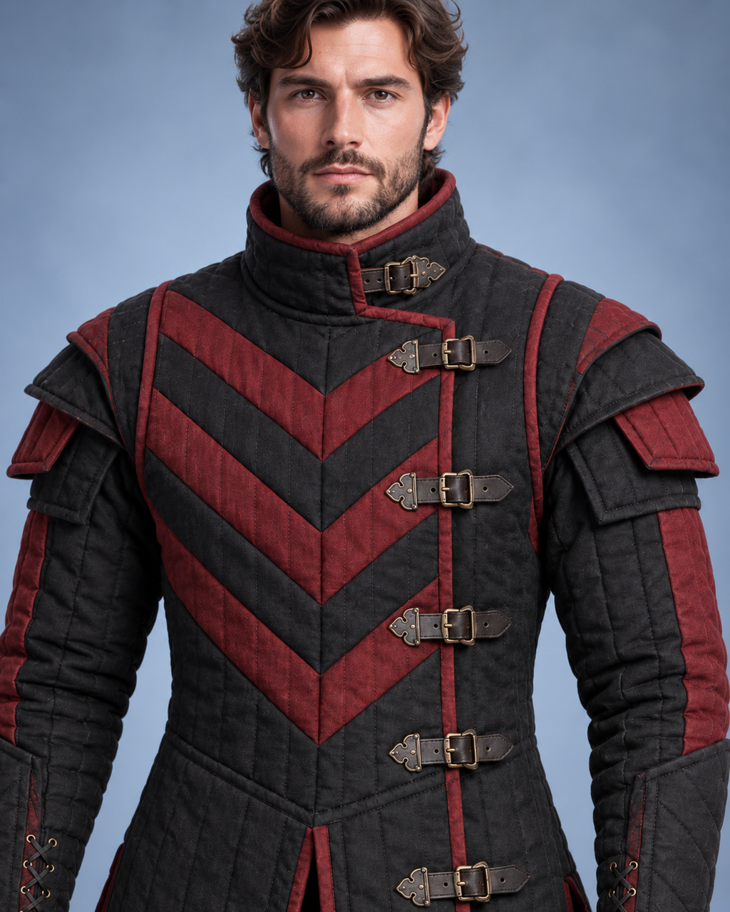 Men's Medieval Gambeson Coat, Black Red Quilted LARP Armor, Renaissance Knight Costume