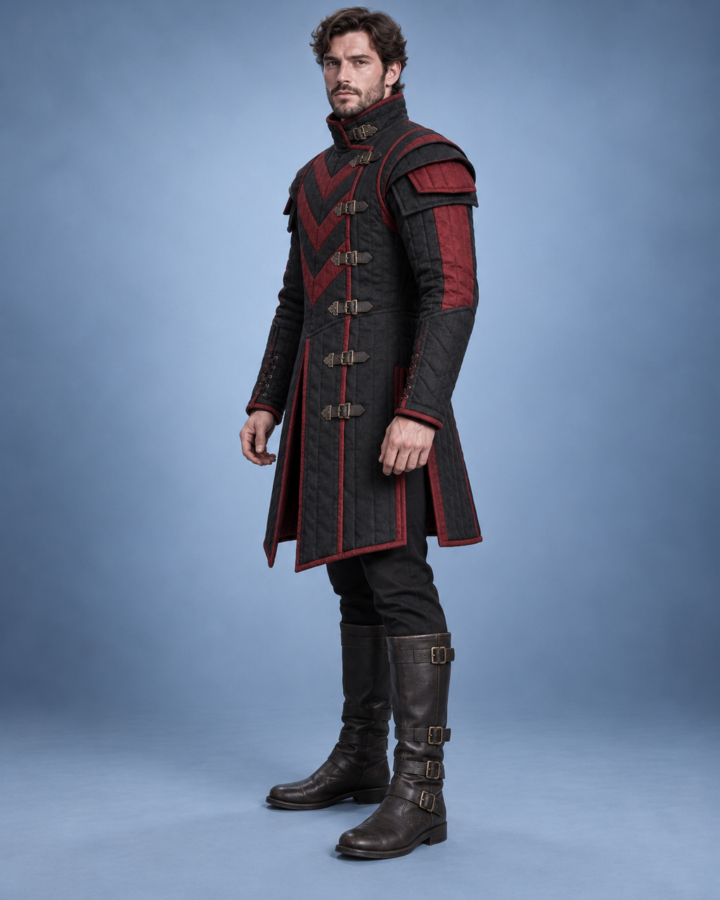 Men's Medieval Gambeson Coat, Black Red Quilted LARP Armor, Renaissance Knight Costume