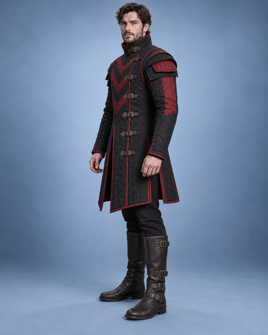 Men's Medieval Gambeson Coat, Black Red Quilted LARP Armor, Renaissance Knight Costume