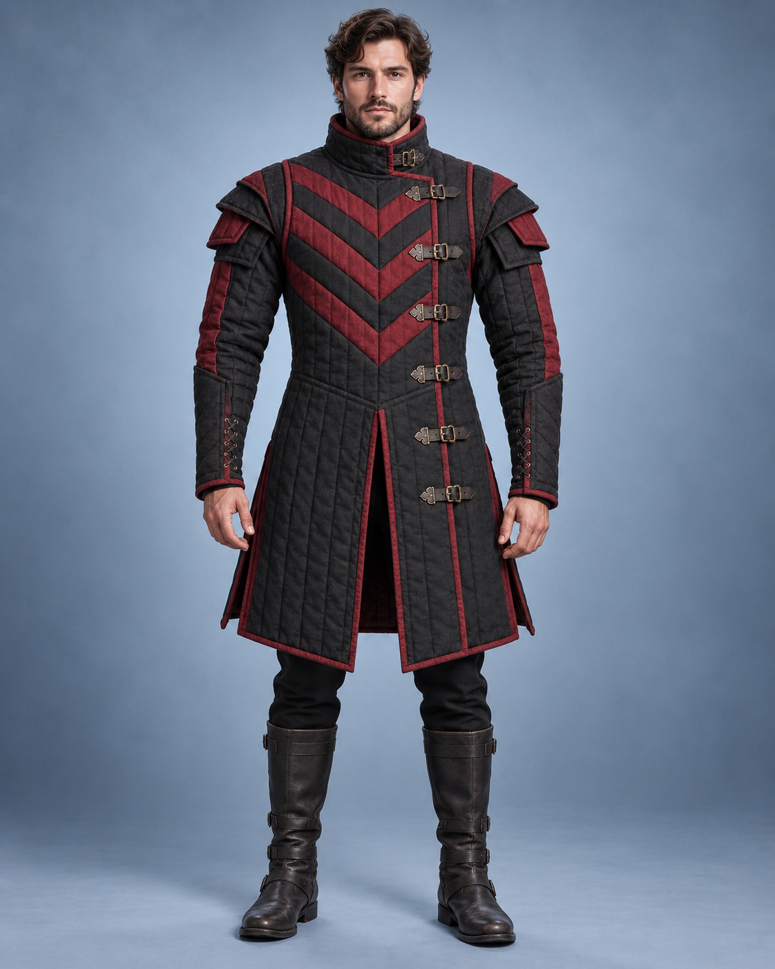 Men's Medieval Gambeson Coat, Black Red Quilted LARP Armor, Renaissance Knight Costume