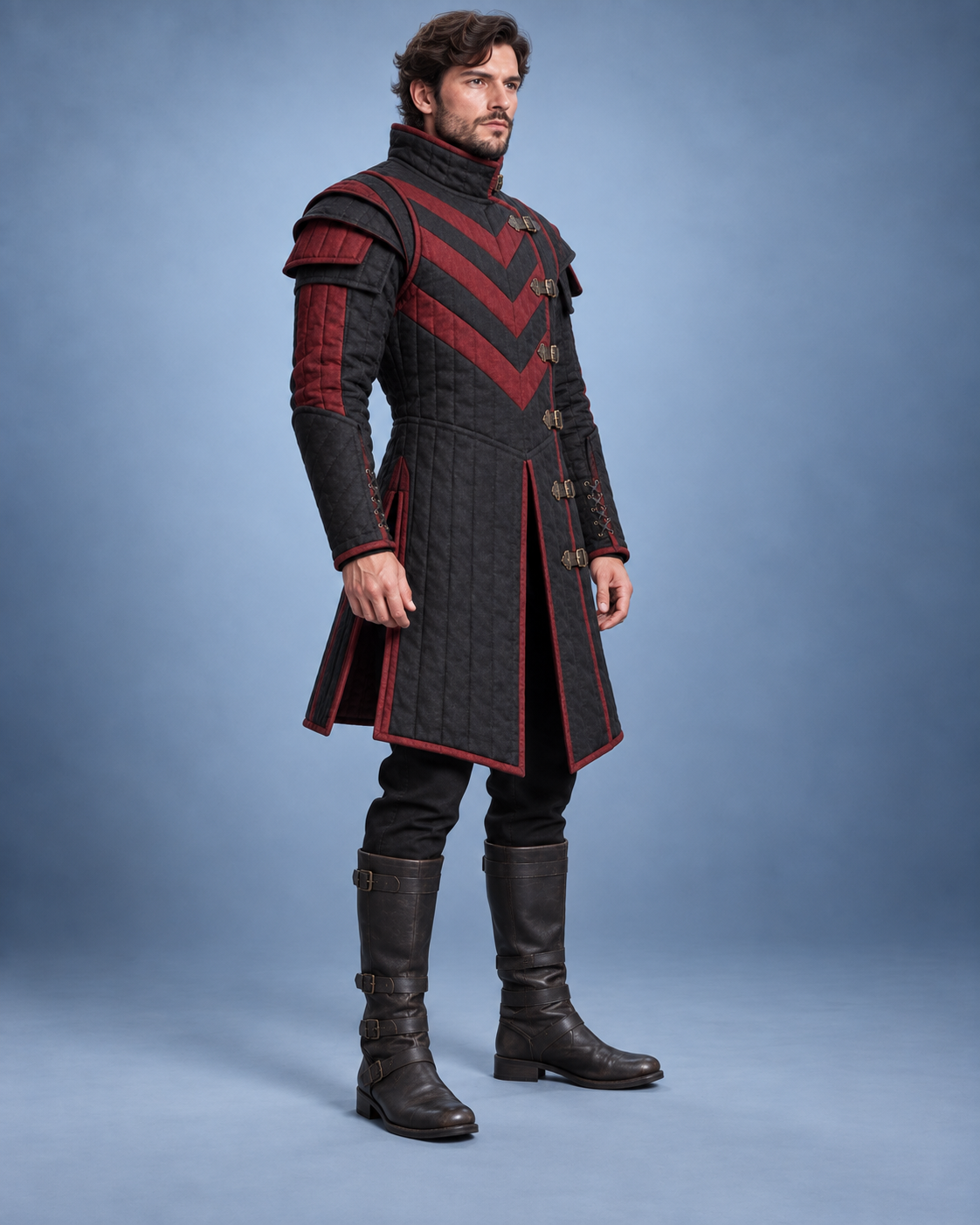 Men's Medieval Gambeson Coat, Black Red Quilted LARP Armor, Renaissance Knight Costume