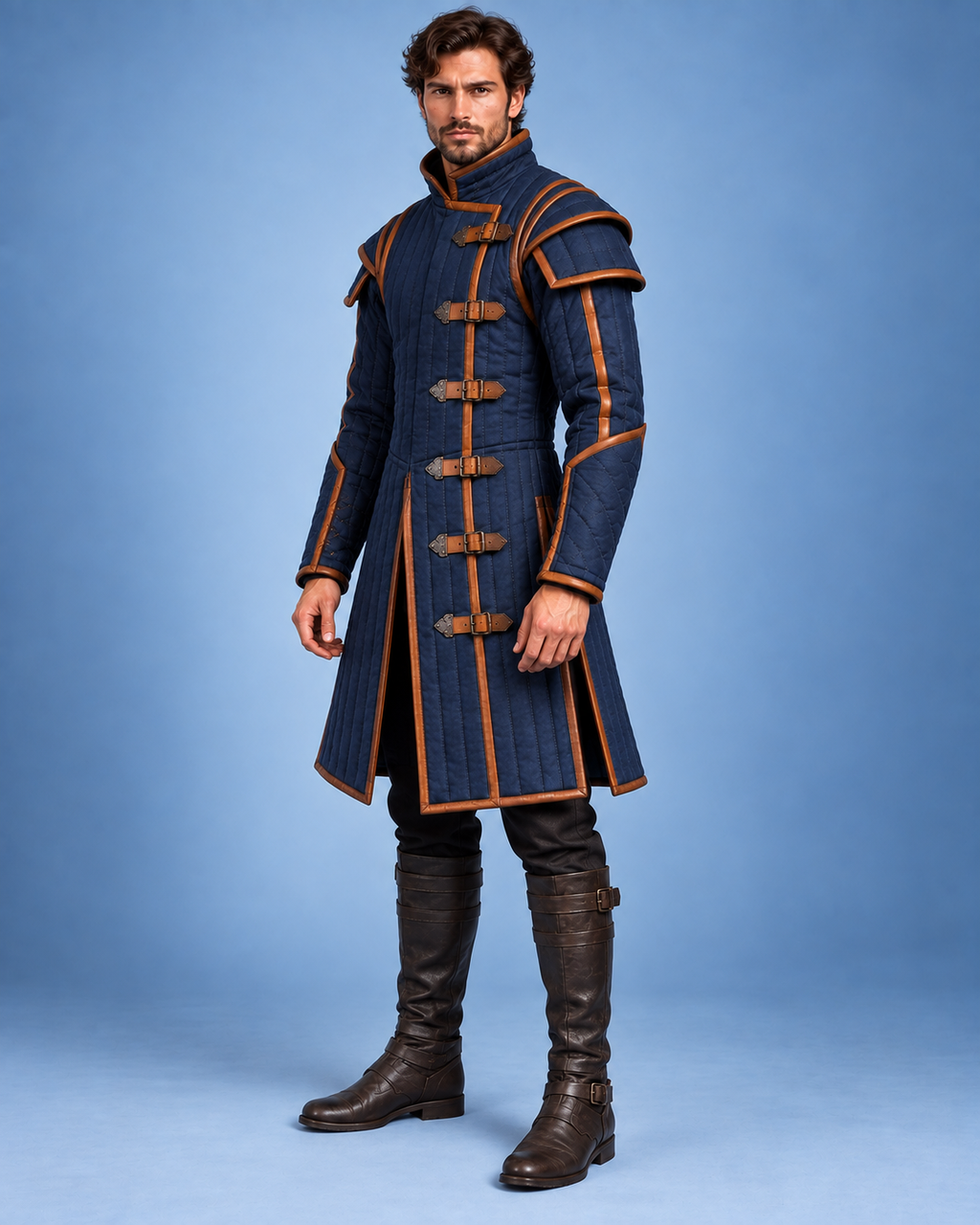 Men’s Medieval Gambeson Armor Coat, Navy Blue Quilted LARP Jacket, Renaissance Knight Reenactment Costume