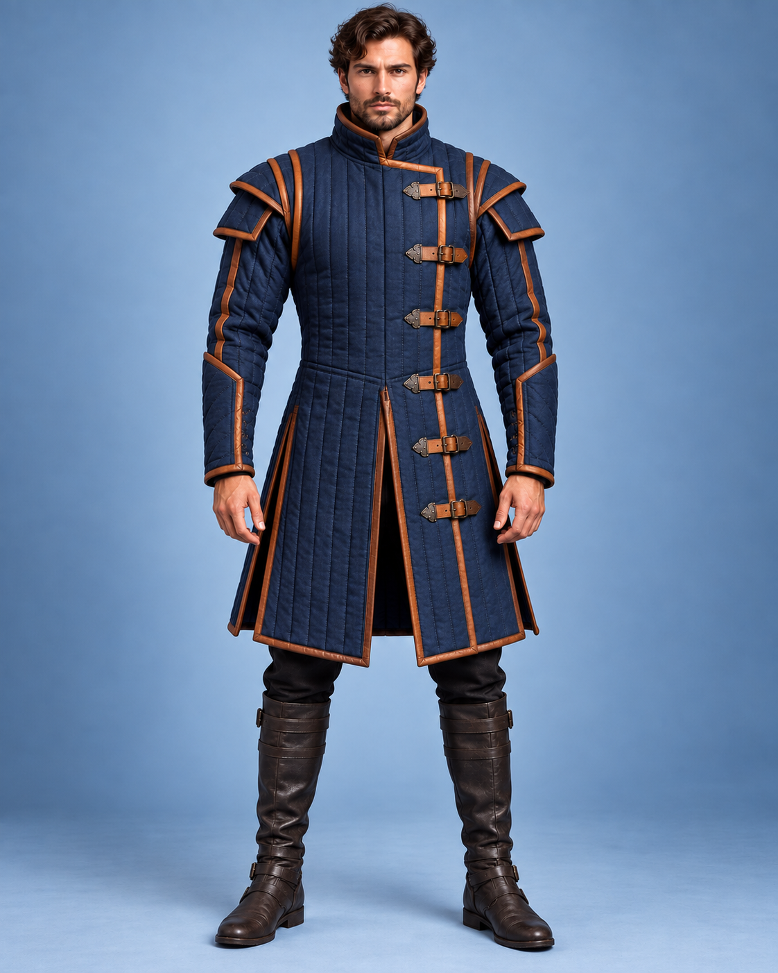 Men’s Medieval Gambeson Armor Coat, Navy Blue Quilted LARP Jacket, Renaissance Knight Reenactment Costume