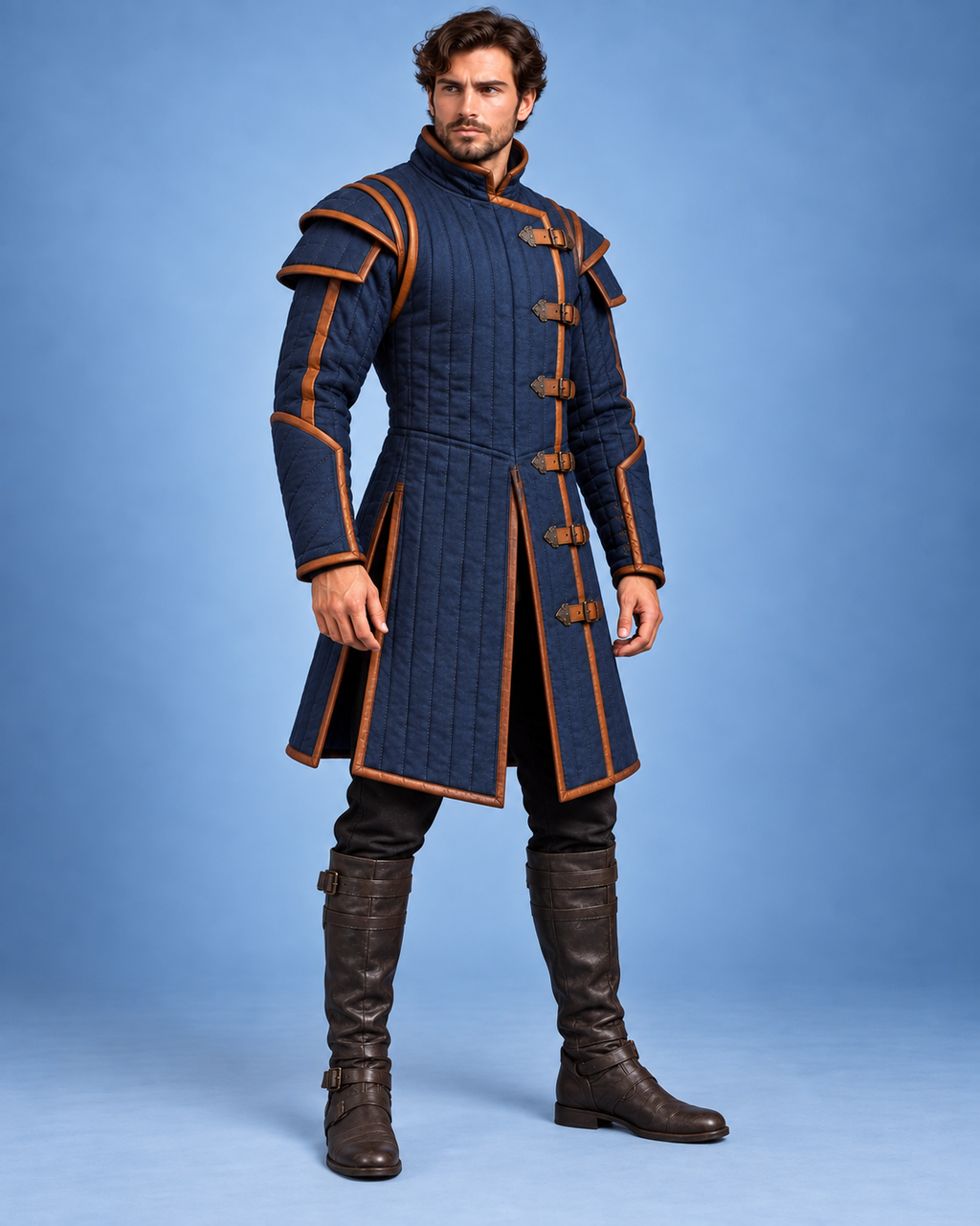 Men’s Medieval Gambeson Armor Coat, Navy Blue Quilted LARP Jacket, Renaissance Knight Reenactment Costume