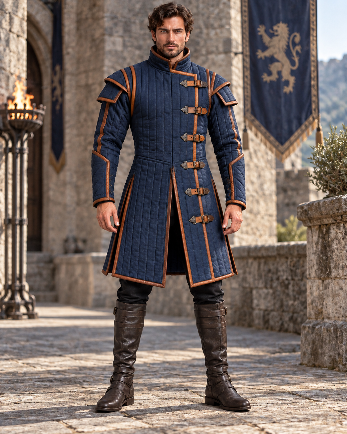 Men’s Medieval Gambeson Armor Coat, Navy Blue Quilted LARP Jacket, Renaissance Knight Reenactment Costume