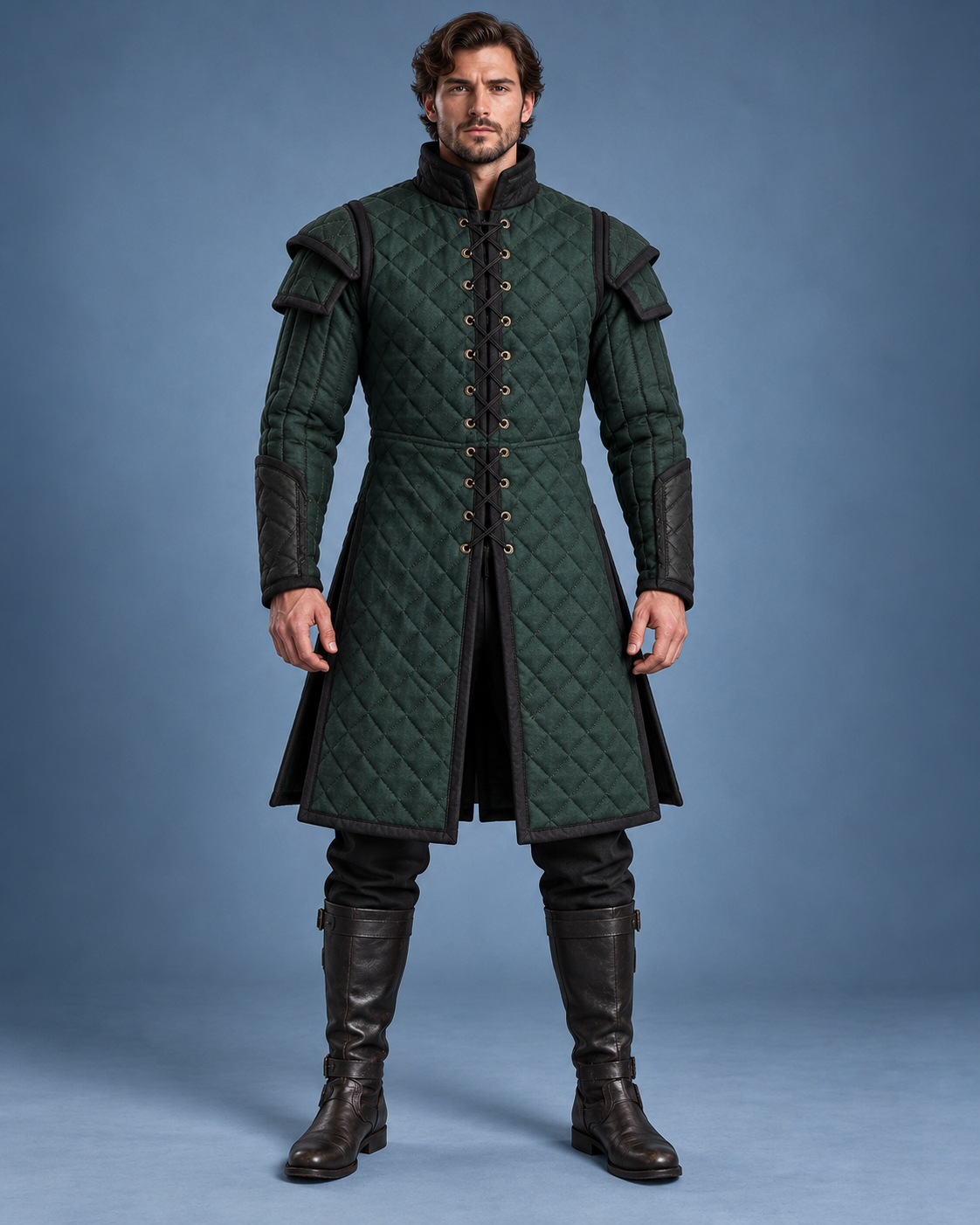Men’s Medieval Gambeson Armor Coat, Green Quilted LARP Jacket, Renaissance Knight Reenactment Costume