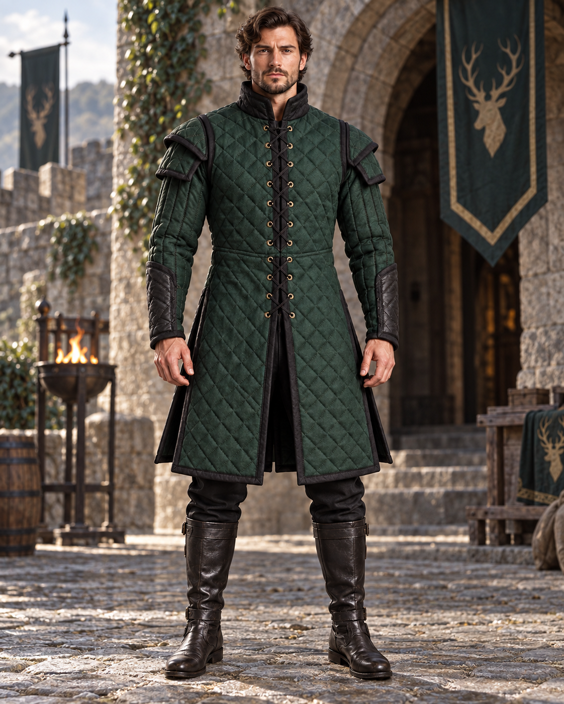 Men’s Medieval Gambeson Armor Coat, Green Quilted LARP Jacket, Renaissance Knight Reenactment Costume