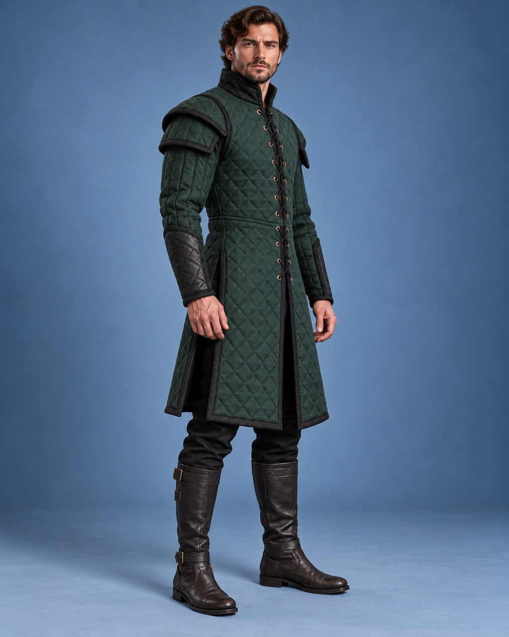 Men’s Medieval Gambeson Armor Coat, Green Quilted LARP Jacket, Renaissance Knight Reenactment Costume