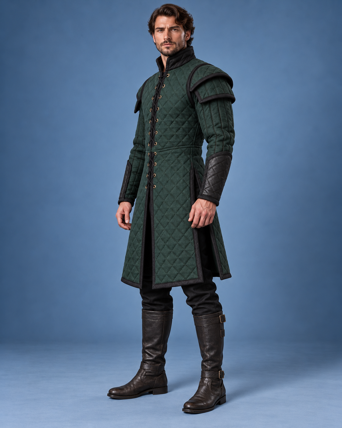 Men’s Medieval Gambeson Armor Coat, Green Quilted LARP Jacket, Renaissance Knight Reenactment Costume