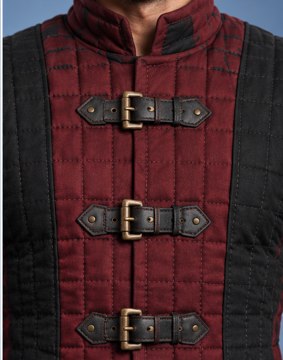 Men’s Medieval Gambeson Coat, Red Black Quilted LARP Armor, Renaissance Knight Reenactment Costume
