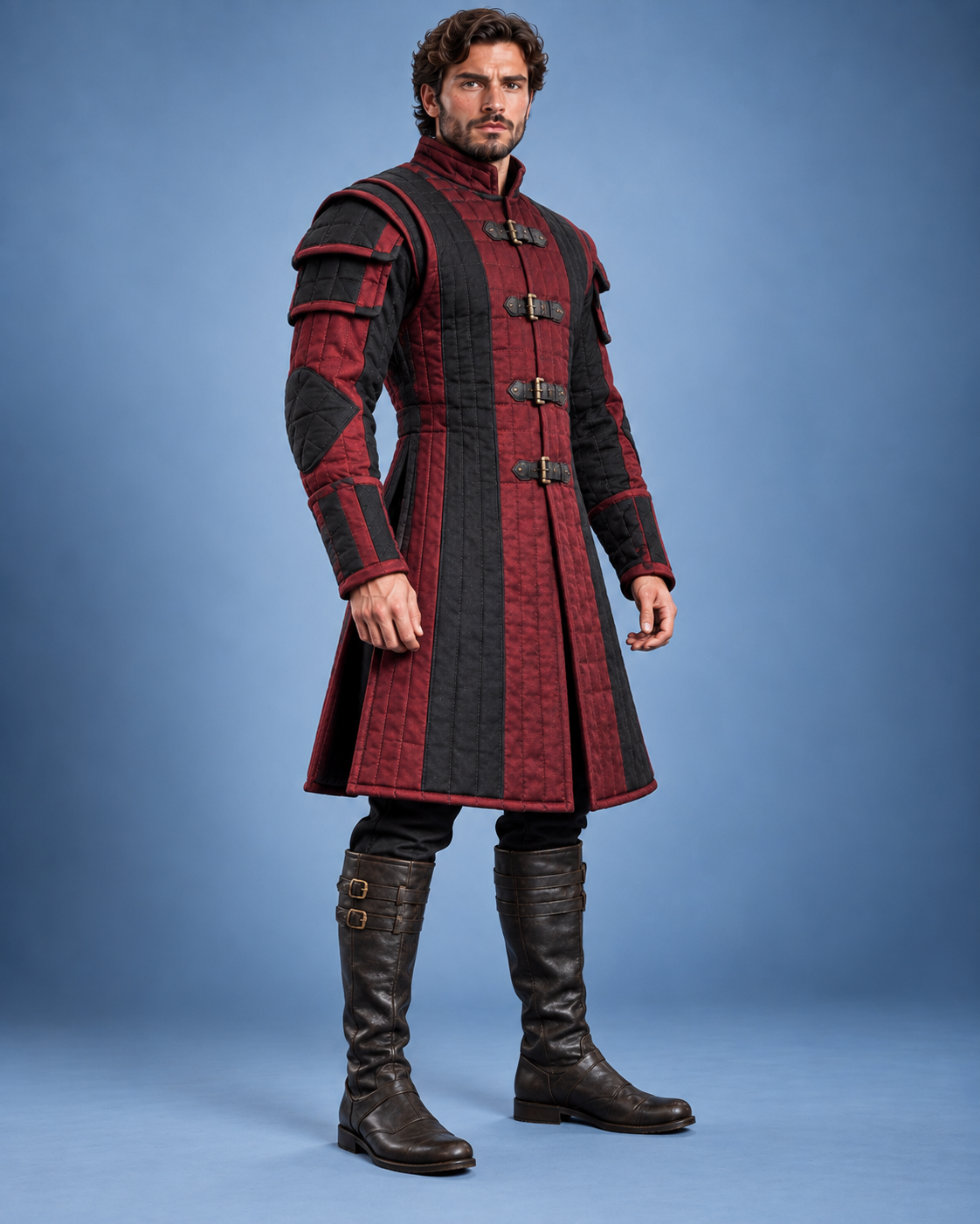 Men’s Medieval Gambeson Coat, Red Black Quilted LARP Armor, Renaissance Knight Reenactment Costume