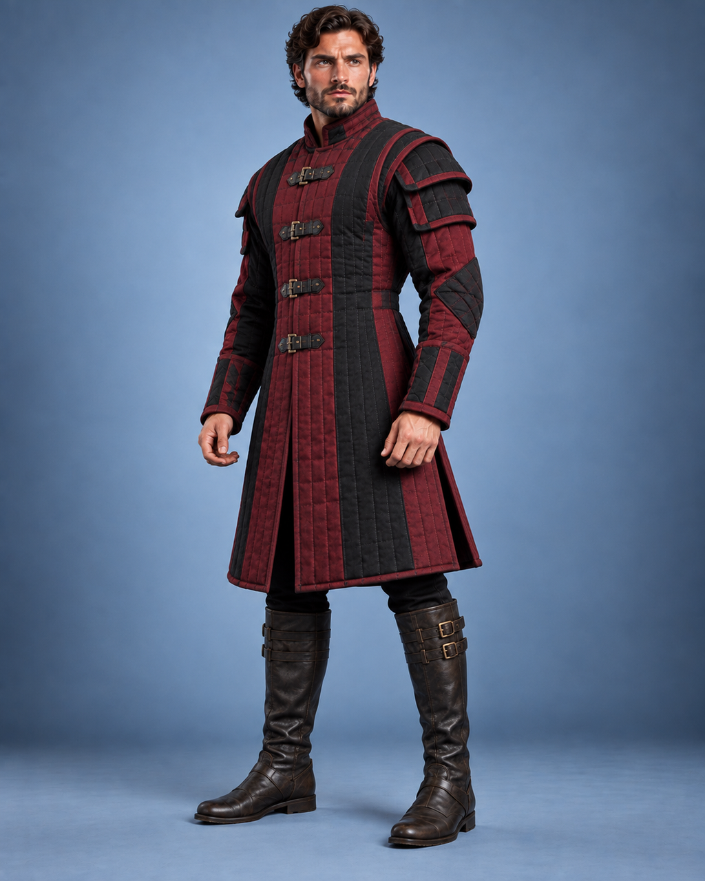 Men’s Medieval Gambeson Coat, Red Black Quilted LARP Armor, Renaissance Knight Reenactment Costume