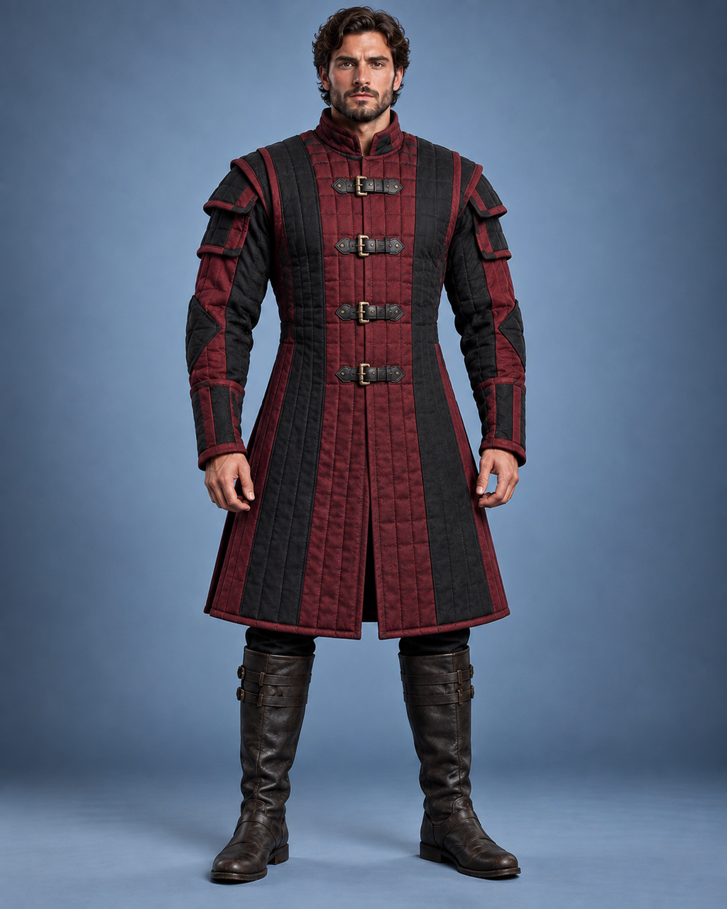 Men’s Medieval Gambeson Coat, Red Black Quilted LARP Armor, Renaissance Knight Reenactment Costume