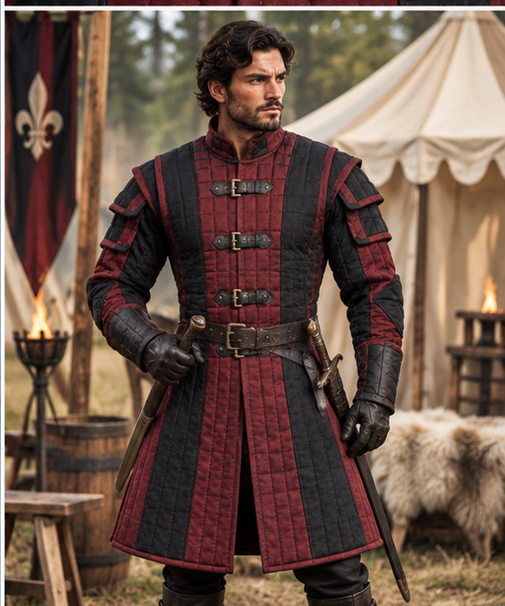 Men’s Medieval Gambeson Coat, Red Black Quilted LARP Armor, Renaissance Knight Reenactment Costume