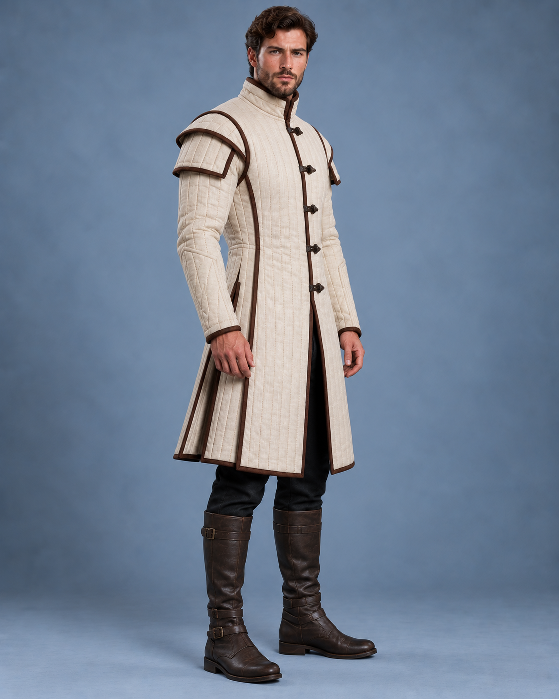 Men’s Medieval Gambeson Coat, Ivory Quilted LARP Armor, Renaissance Knight Reenactment Costume, Padded Jacket