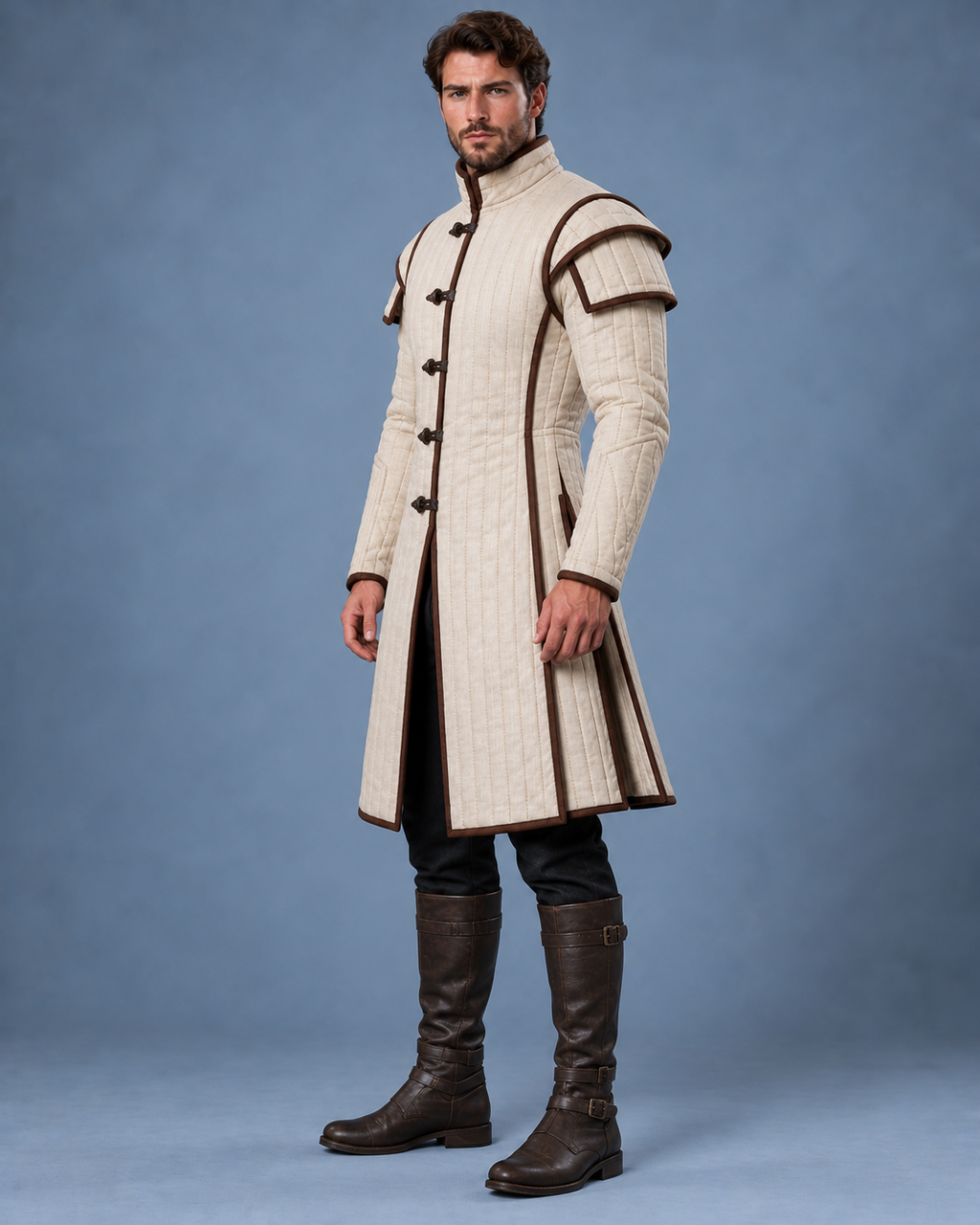 Men’s Medieval Gambeson Coat, Ivory Quilted LARP Armor, Renaissance Knight Reenactment Costume, Padded Jacket