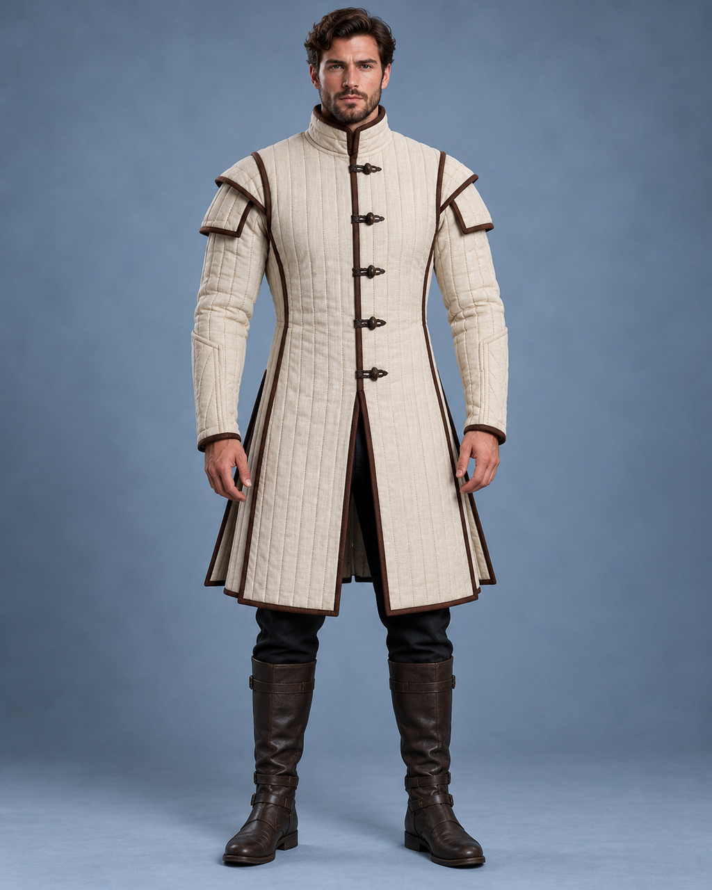 Men’s Medieval Gambeson Coat, Ivory Quilted LARP Armor, Renaissance Knight Reenactment Costume, Padded Jacket