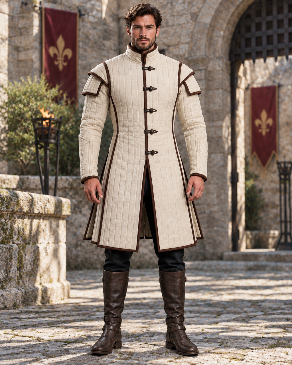 Men’s Medieval Gambeson Coat, Ivory Quilted LARP Armor, Renaissance Knight Reenactment Costume, Padded Jacket
