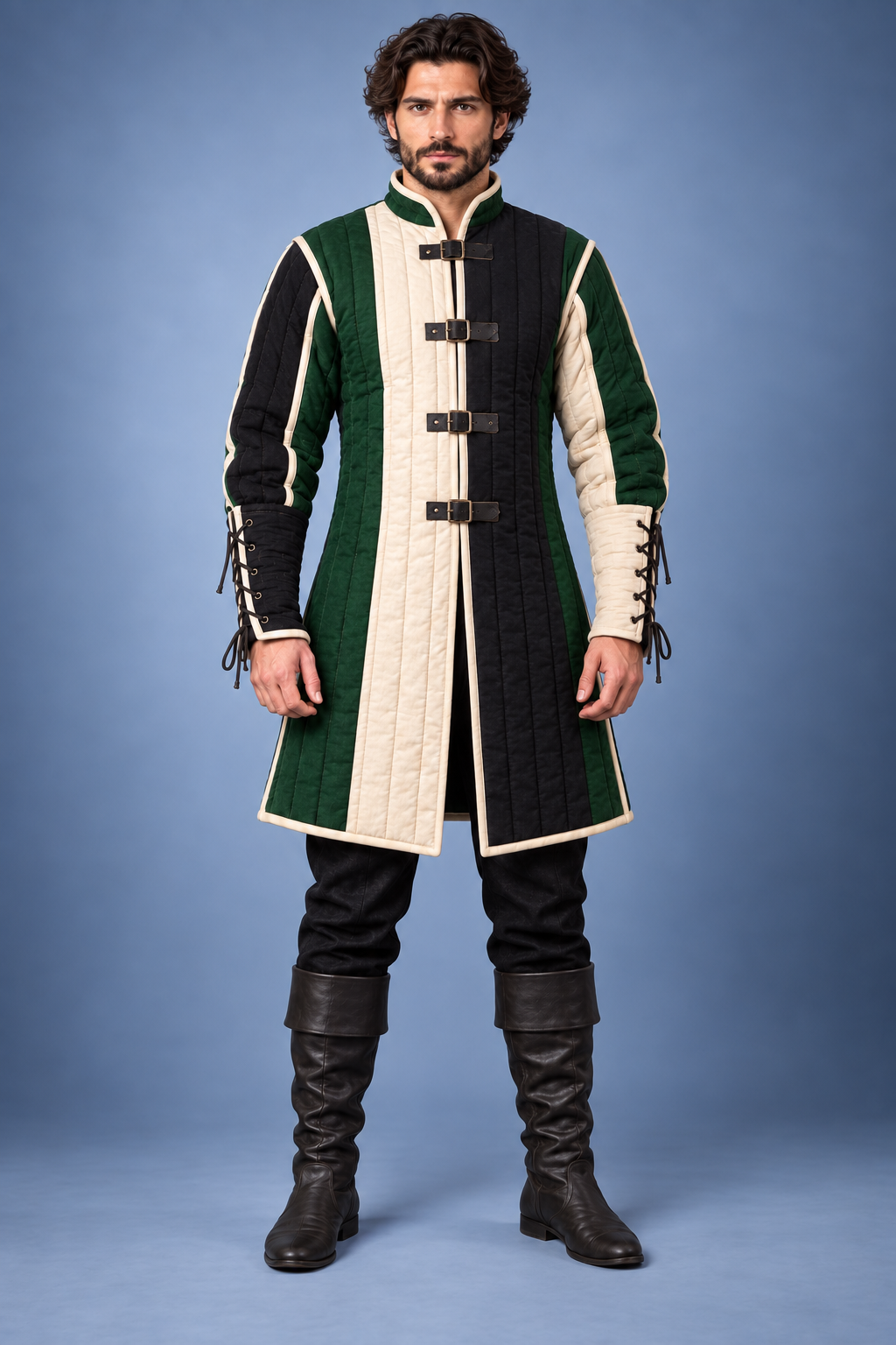 Men’s Medieval Gambeson Coat, Green Black Ivory Quilted LARP Armor, Renaissance Knight Reenactment Costume