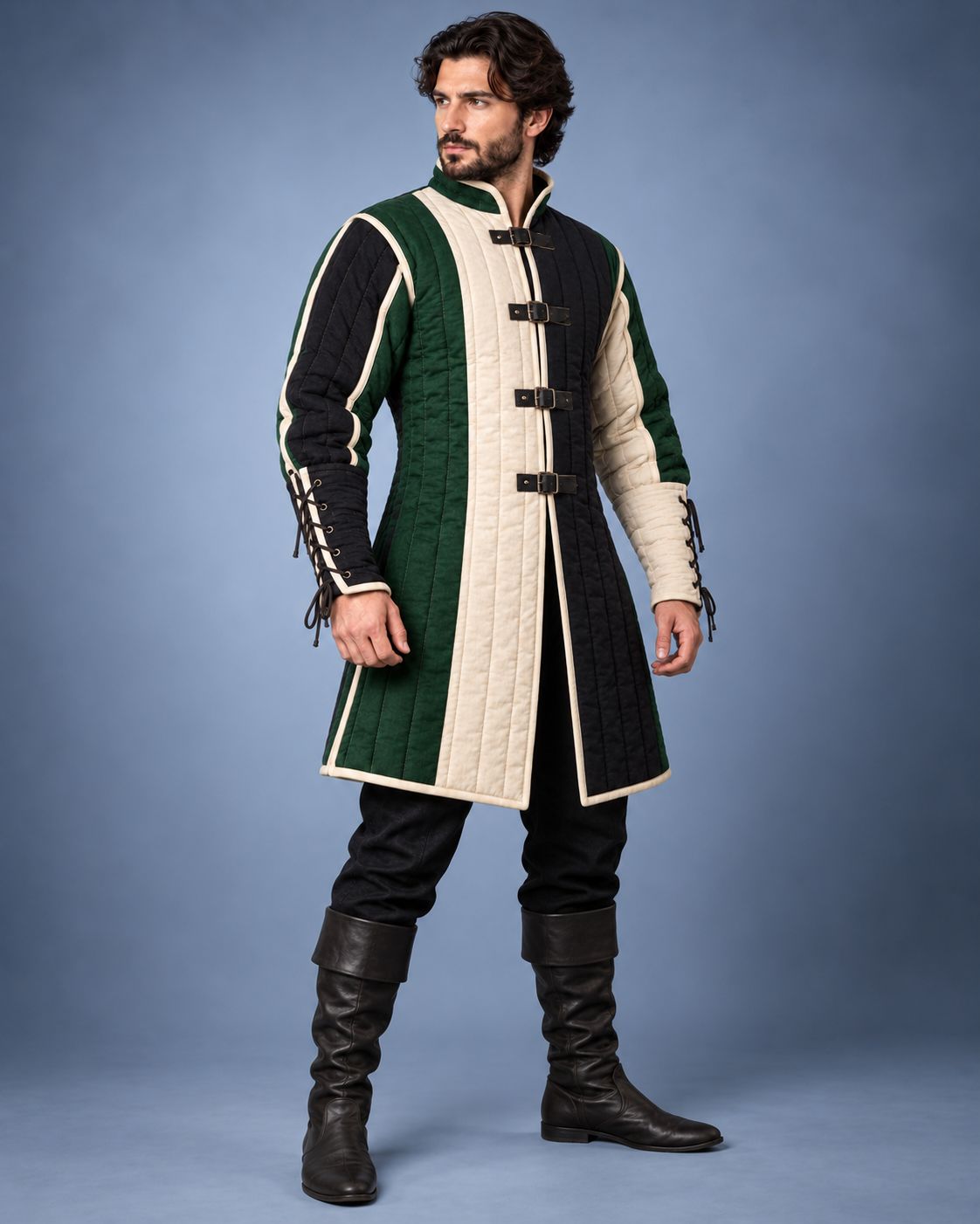 Men’s Medieval Gambeson Coat, Green Black Ivory Quilted LARP Armor, Renaissance Knight Reenactment Costume