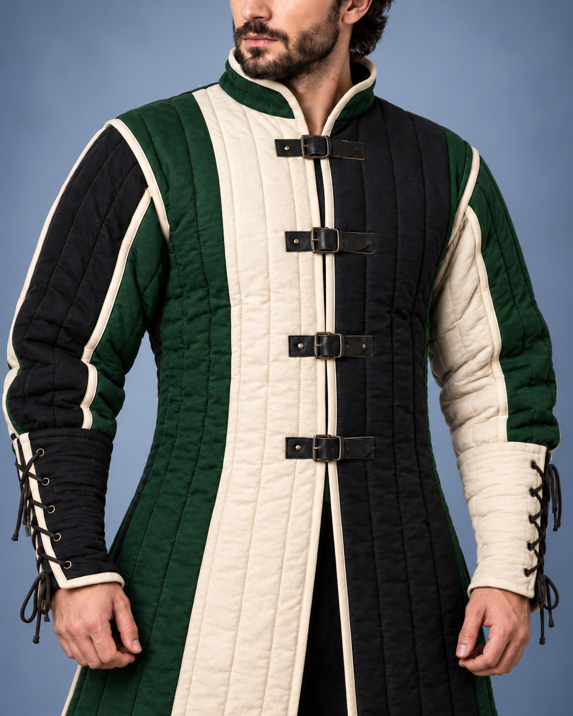 Men’s Medieval Gambeson Coat, Green Black Ivory Quilted LARP Armor, Renaissance Knight Reenactment Costume
