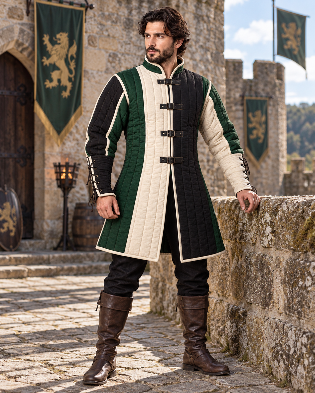 Men’s Medieval Gambeson Coat, Green Black Ivory Quilted LARP Armor, Renaissance Knight Reenactment Costume