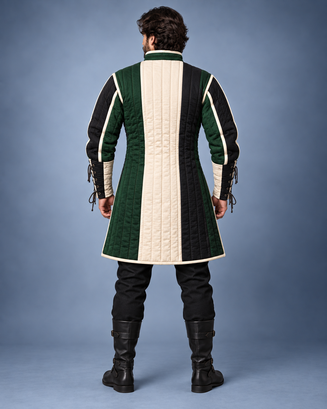Men’s Medieval Gambeson Coat, Green Black Ivory Quilted LARP Armor, Renaissance Knight Reenactment Costume