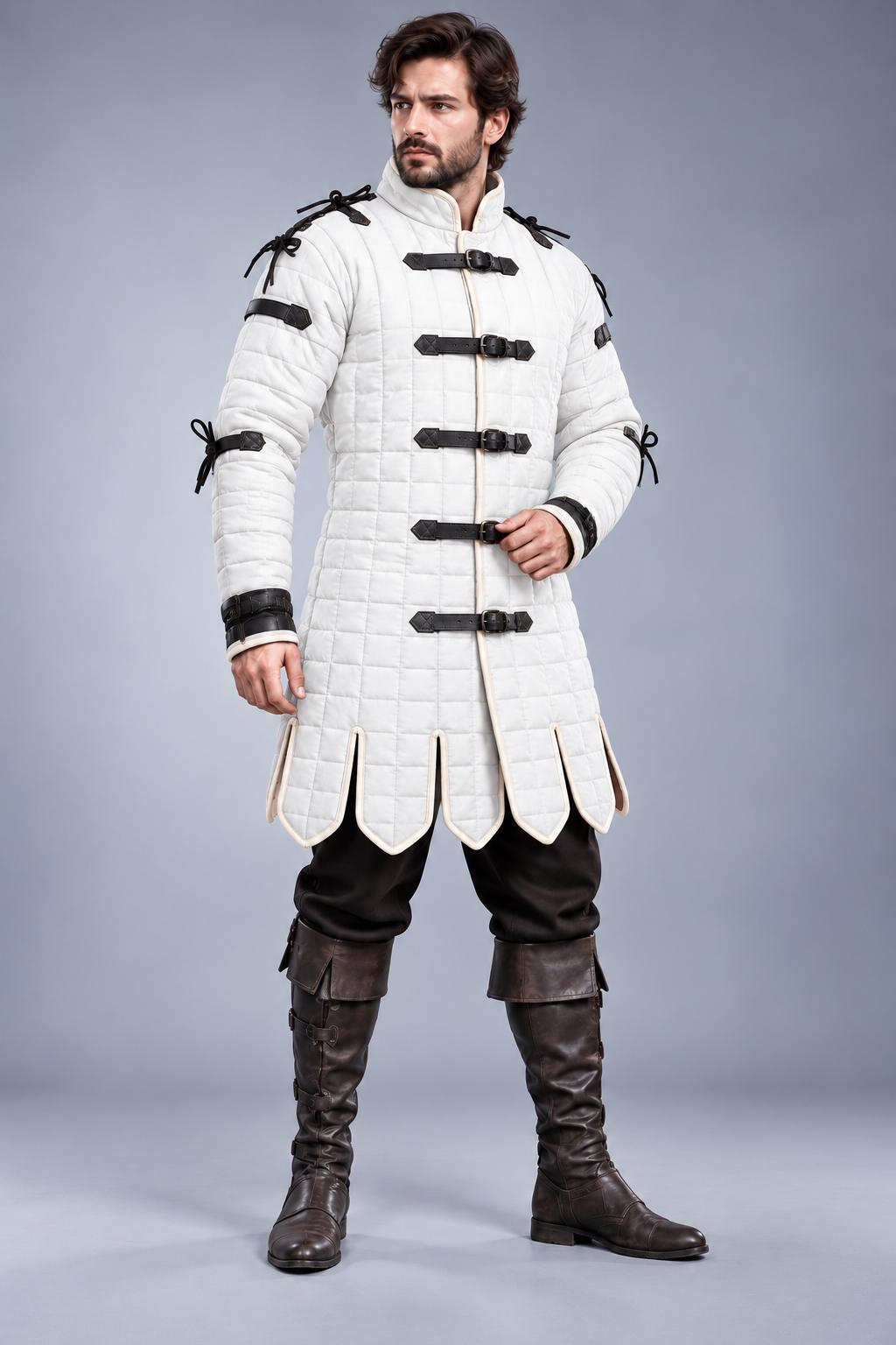 Men's White Quilted Gambeson, Medieval Armor Coat, LARP Reenactment Costume