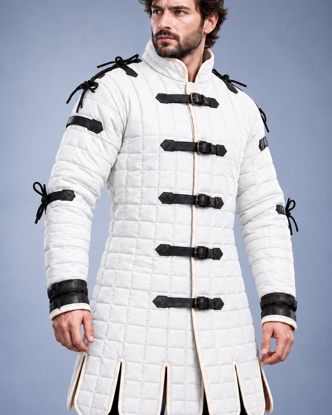 Men's White Quilted Gambeson, Medieval Armor Coat, LARP Reenactment Costume