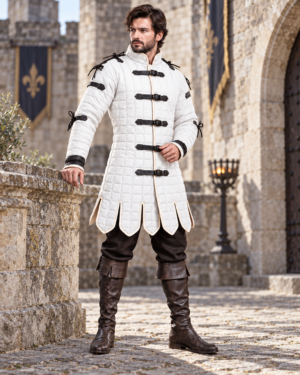 Men's White Quilted Gambeson, Medieval Armor Coat, LARP Reenactment Costume
