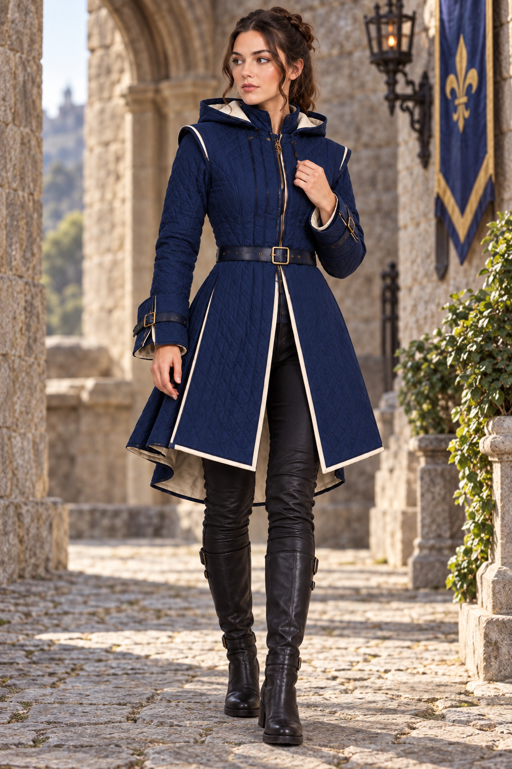 Women’s Medieval Gambeson Coat, Quilted Padded LARP Armor, Hooded Renaissance Jacket, Fantasy Reenactment Costume
