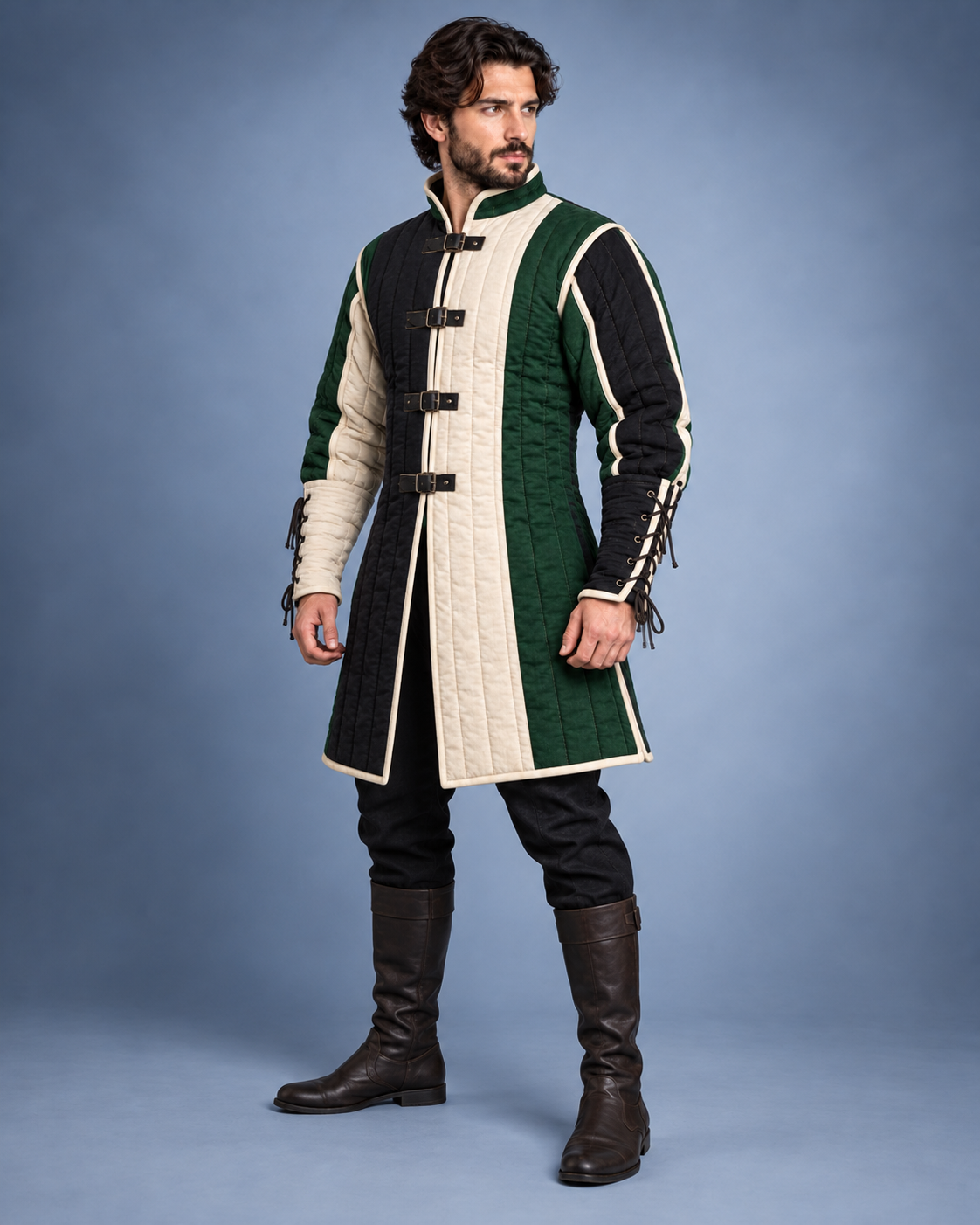 Men’s Medieval Gambeson Coat, Green Black Ivory Quilted LARP Armor, Renaissance Knight Reenactment Costume