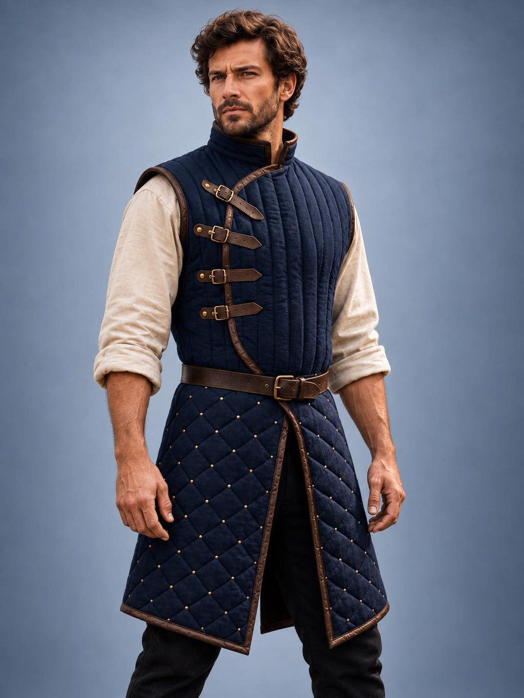 Men's Navy Quilted Gambeson, Medieval Warrior Tunic, LARP Reenactment Costume