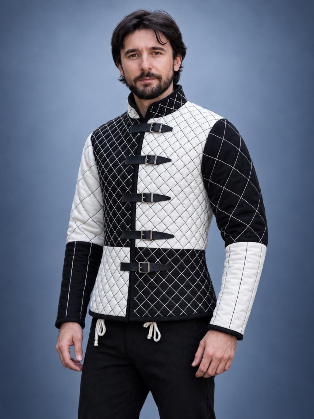 Men's Black White Quilted Gambeson Jacket, Medieval LARP Costume, Renaissance Warrior Outfit