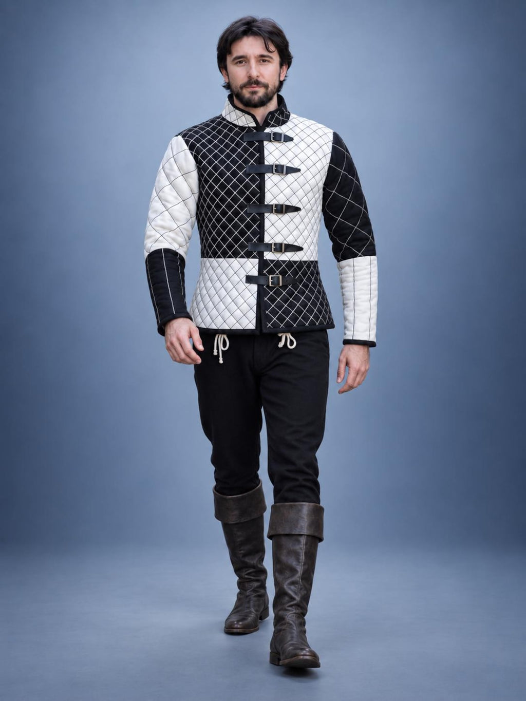 Men's Black White Quilted Gambeson Jacket, Medieval LARP Costume, Renaissance Warrior Outfit