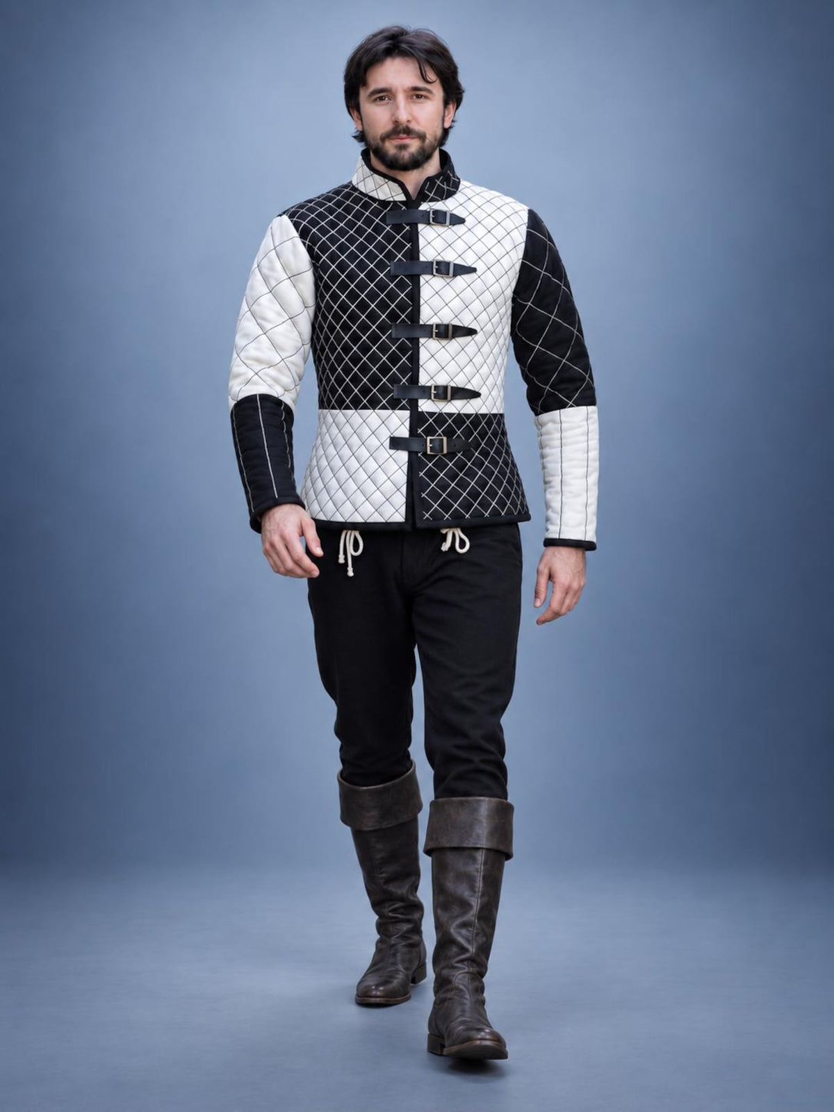 Men's Black White Quilted Gambeson Jacket, Medieval LARP Costume, Renaissance Warrior Outfit